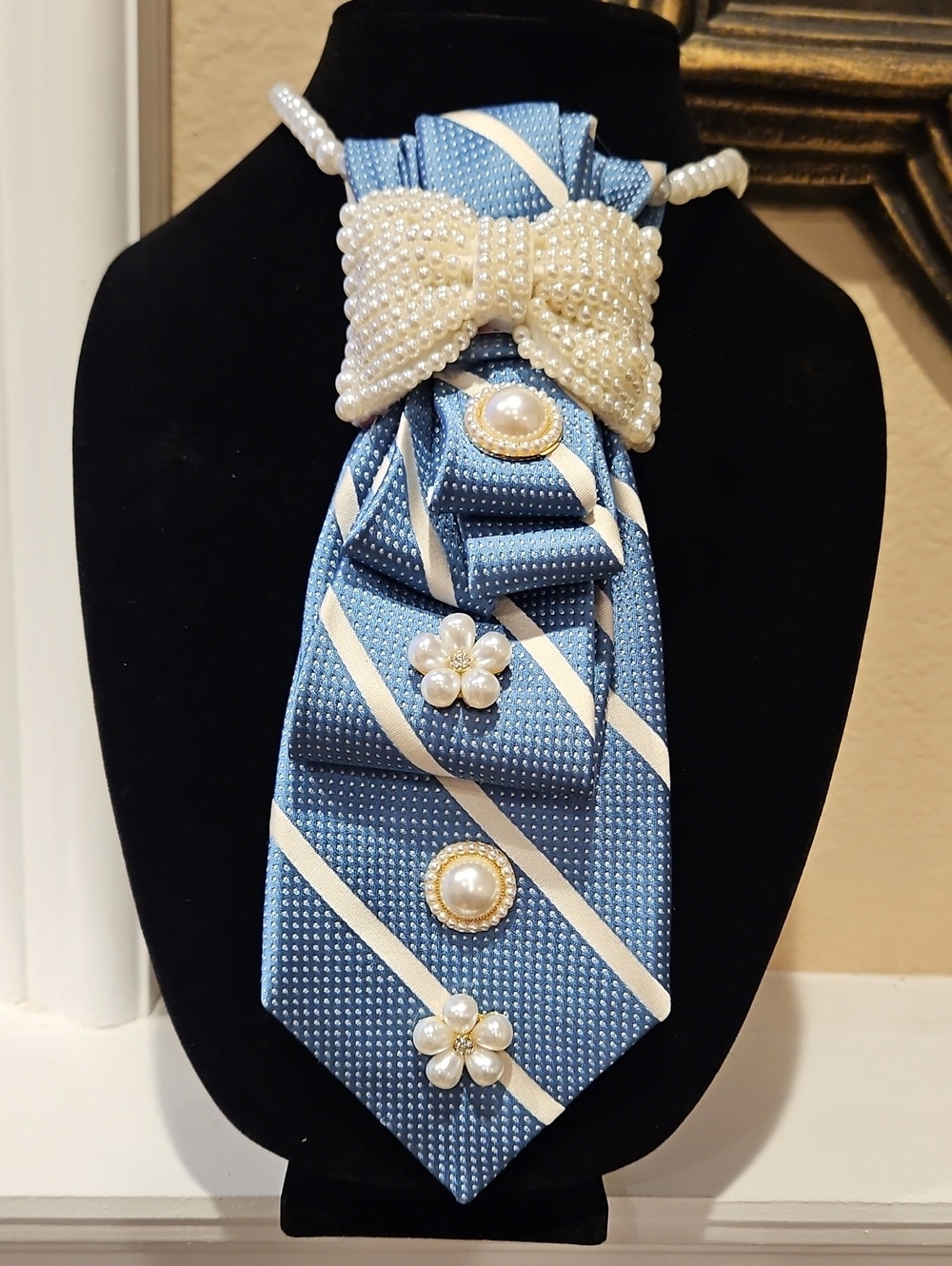 Upcycled Perry Ellis Blue and White Striped with Pearl Accent Necktie Necklace